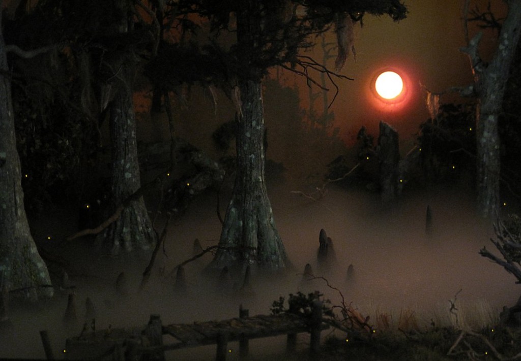 Diorama of foggy cypress swamp at night by Paul Barker