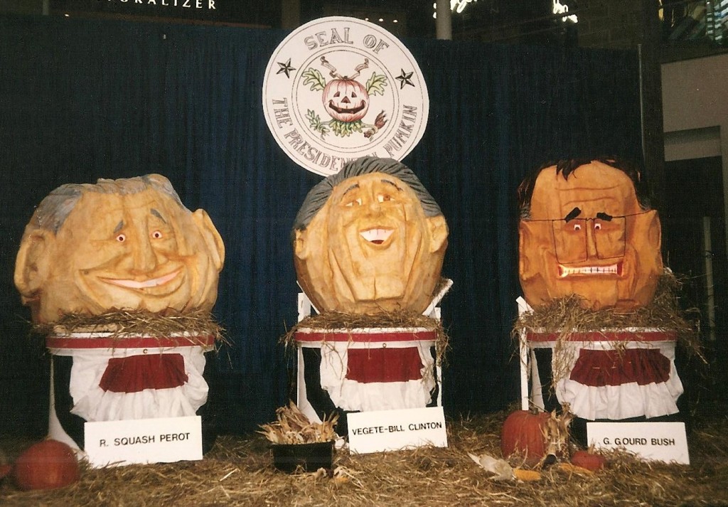 Pumpkins carved to look like Ross Perot, Bill Clinton and George H W Bush during 1992 election by Paul Barker